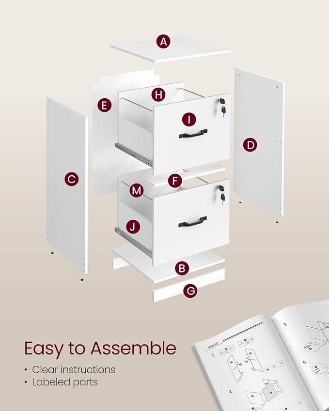 VASAGLE 2 Drawers File Cabinet with Lock, Printer Stand, Office Filing Cabinet Organizer, for A4 and Letter Size Documents, Cloud White UOFC061W14
