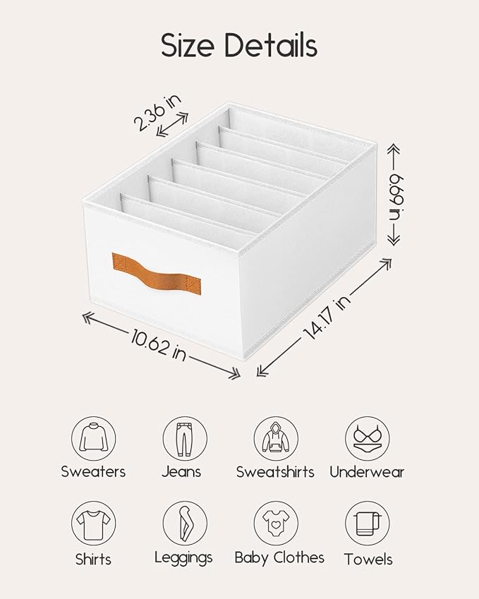 Closet Organizers and Storage - Fabric Clothes Organizer with Handles, Foldable Jeans Organizer for Clothes, Drawer Organizer for Shirts, Bra, Sweater, Scarf, 4 Pack, White