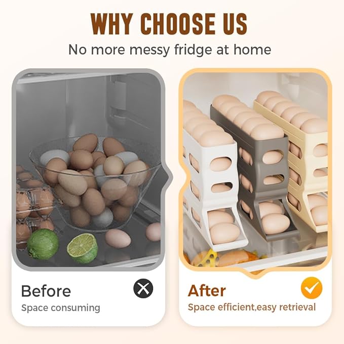 4-Tier Refrigerator Egg Holder, Automatic Gravity-Fed Rolling Egg Dispenser with Easy-Load Design, Space-Saving Fridge Organizer for Up to 30 Eggs, Kitchen & Pantry Storage Container (White) (beige)