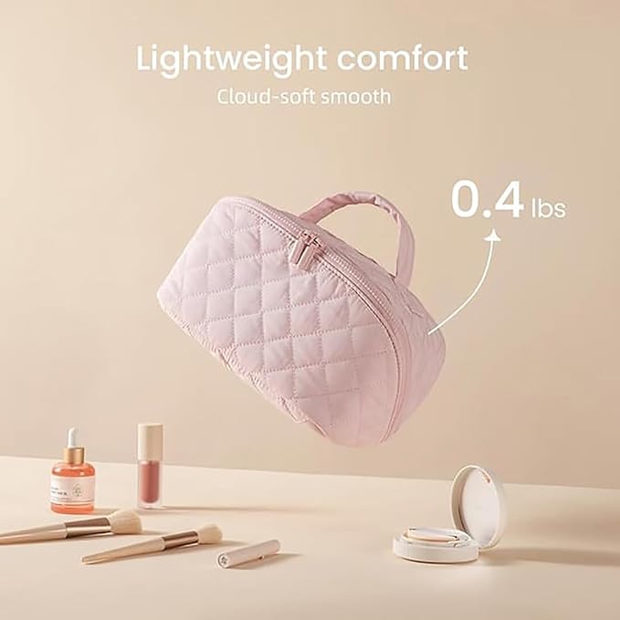 2026 New Travel Makeup Bag,Festivalment Wide Open Lay-Flat Water-Resistant Cosmetic Case,Puffy Padded Organizer for Toiletries & Brushes Large Capacity with Compartments
