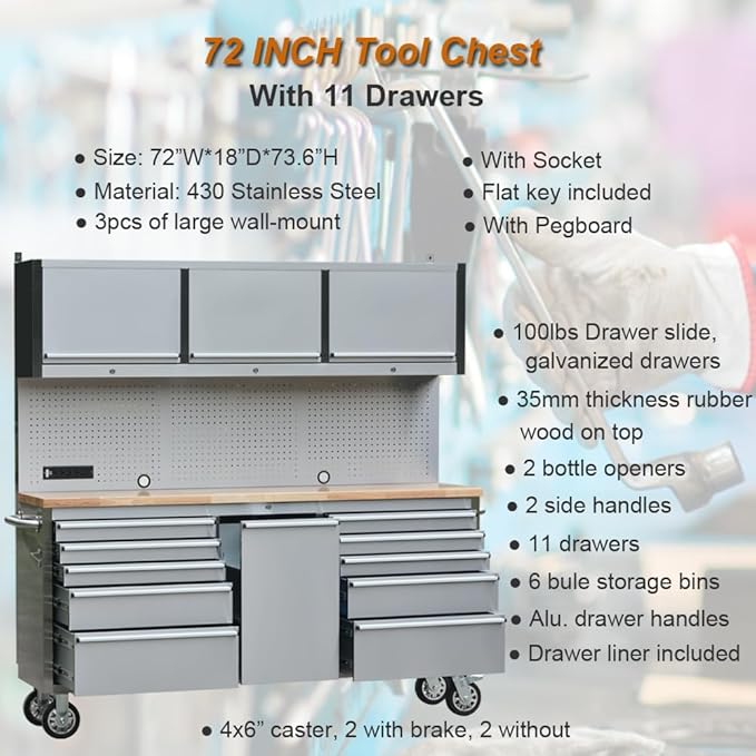 72 inch 11 Drawers Tool Chest with 3 Up Cabinet & Pegboard in Stainless Steel, Large Lockable Mobile Workbench with 6 Blue Storage Bins, Tool Box for Garage, Workshop (1 × HTC7214W1)