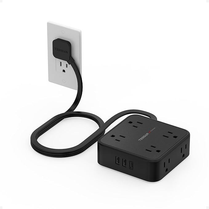 Surge Protector Power Strip, TESSAN 5 FT Black Flat Extension Cord with 8 AC Outlets 3 USB Ports (1 USB C), 900J Protection, 1875W, 3 Sided Wall Plug Extender, Desk Charging Station for Office, Dorm