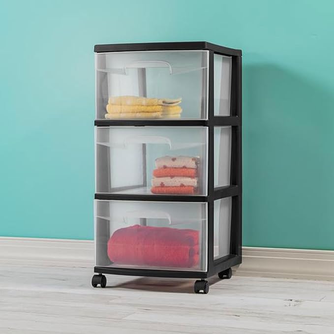 Sterilite 6 Pack Plastic Storage Organizer, 3 Drawer Rolling Bin Cart, Closet Organization, Black
