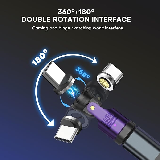Magnetic USB C 90 Degree Adapter 240W, Can Be Type-C Cord Into Right Angle Magnetic USB C Charging Cable, Magnet Charger USBC Adapter 180&360 OTG Tips for Phone 17/16 Tablet(1 Pack Purple)