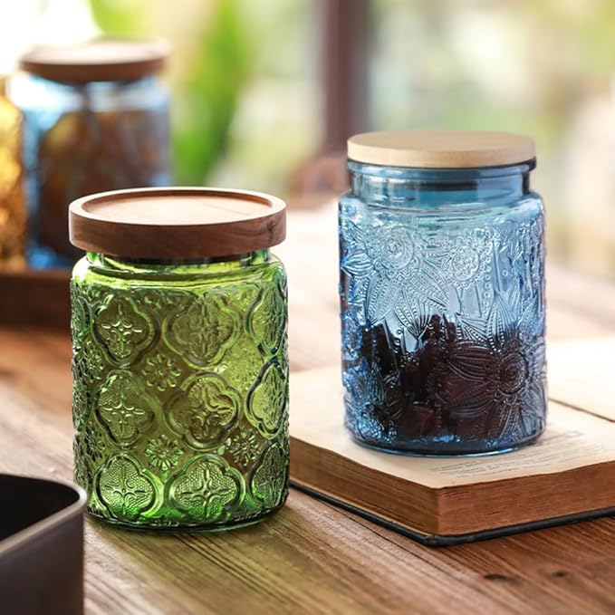 ANSQU Blue Glass Jar, 23.7 FL OZ Vintage Glass Canister with Airtight Lid, Candy Jar/Sugar Container for Kitchen Pantry Coffee, Tea, Cookie, Decorative Jars Holds Bath Salt