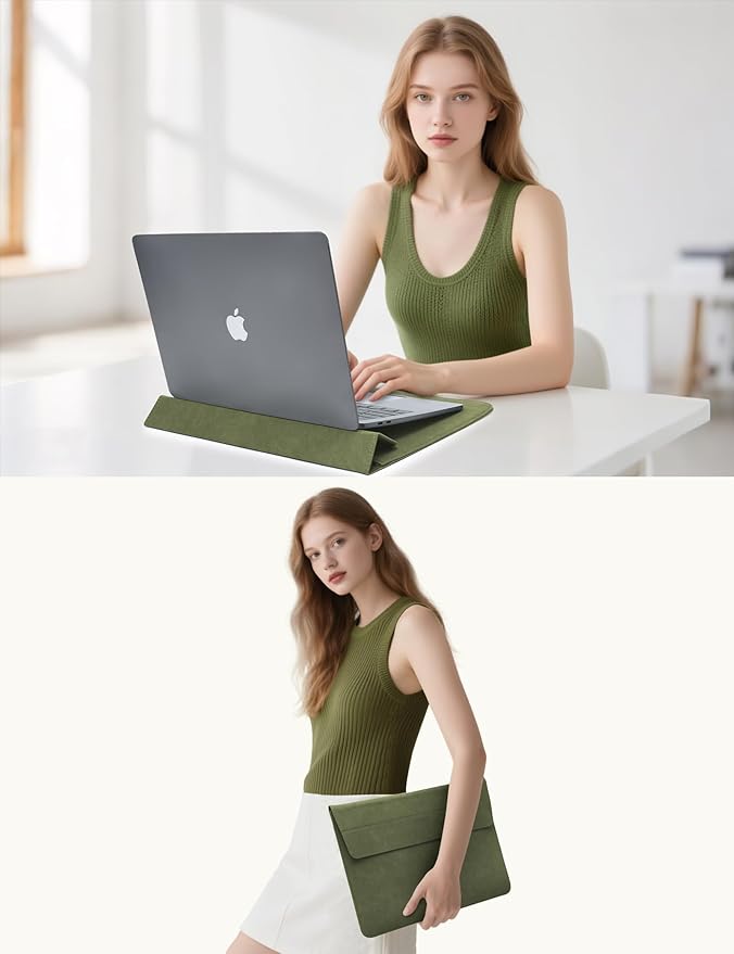 HYZUO 13 Inch Laptop Sleeve with Stand Feature for MacBook Air 13 M4 M3 M2 M1 2025-2018, MacBook Pro 13 M2 M1, 13" iPad Pro/Air, Surface Pro, with Carry Bag, Olive Green