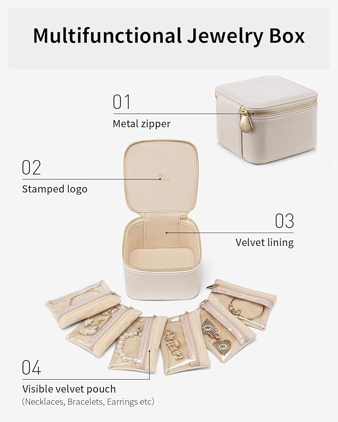 Vlando Small Jewelry Box Organizer,Travel Jewelry Storage with 6 Velvet Jewelry Zipper Pockets,Travel Jewelry Case Valentines Gifts Birthday Gifts for Women Girls (White)