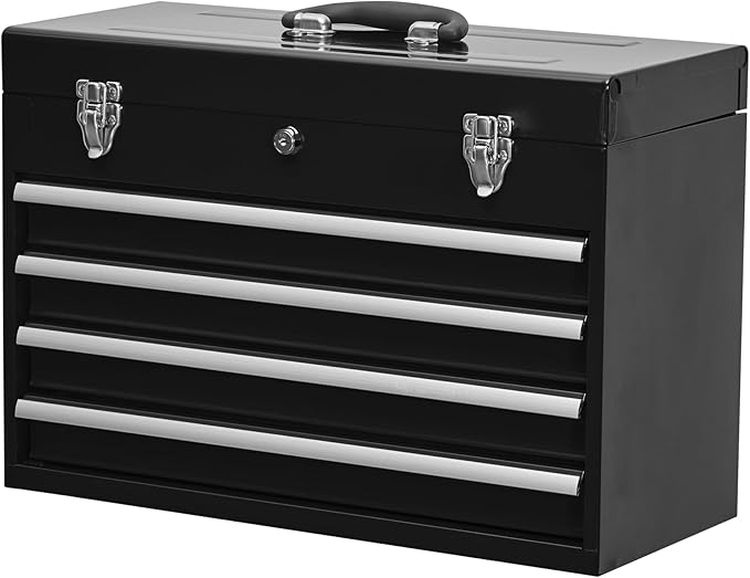 Metal Tool Box with 4 Drawers Portable Steel Tool Chest with Metal Cylinder Lock and Latch Closure, Liner, Powder Coating, Suitable for Garage, Warehouse and Outdoor Repair Job-Black