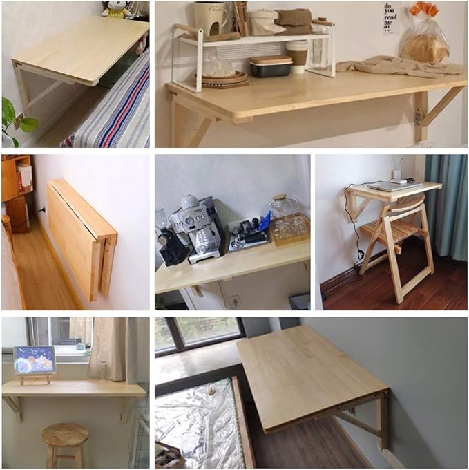 MM MELISEN Wood Folding Desk - Natural 29.5x19.6 Inch Wall Mount Fold-Down Table for Small Spaces. Perfect as a Kitchen prep spot, Craft Station, or Bedroom Desk. Easy Install, Sturdy, Folds Away