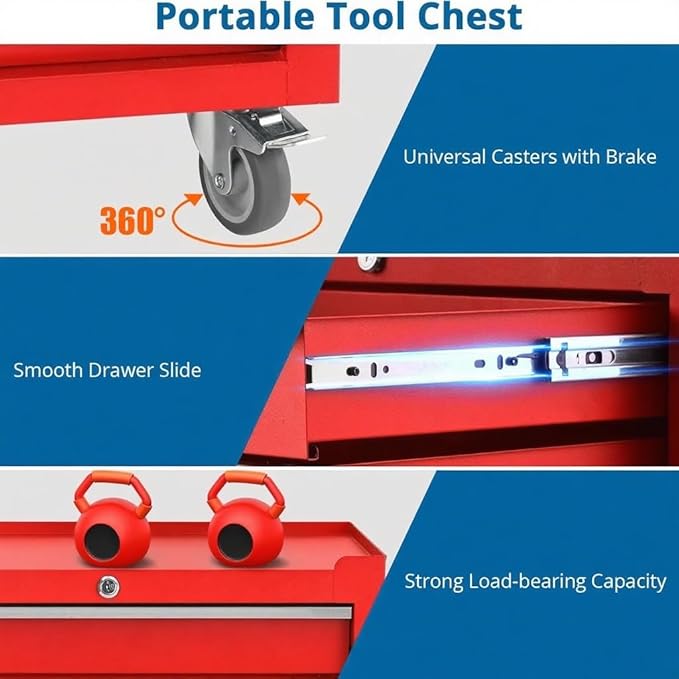 IDEALHOUSE Rolling Tool Chest, 4 Drawers Tool Storage Cabinet, Toolbox with Wheels, Portable Tool Cabinet Organizer with Locking System & Drawer Liners, Tool Storage Cart for Garage, Workshop, Red