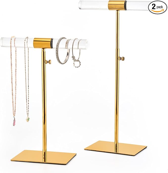 Set of 2 Acrylic Display Stand Jewelry Towers Stands Stainless Steel Adjustable Height Long Necklaces Stand Tabletop Jewelry Organizer for Home Store Boutique