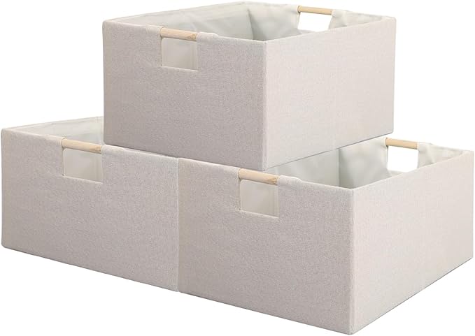 Fabric Storage Bin 3 Pack Foldable Cotton Linen Storage Basket with Wooden Handles Rectangular Cube Box - Beige, Large
