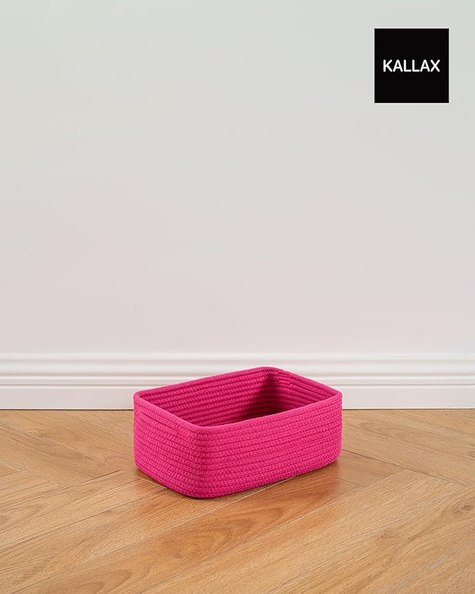 Small Woven Basket, 12 x 8 x 4.5 Inches, Storage Basket for Organizing, Cute Small Rope Shelf Closet Cube Storage Bins Baskets for Shelves, Dog Toy Gift Baskets Empty, 3 Packs, Hot Pink