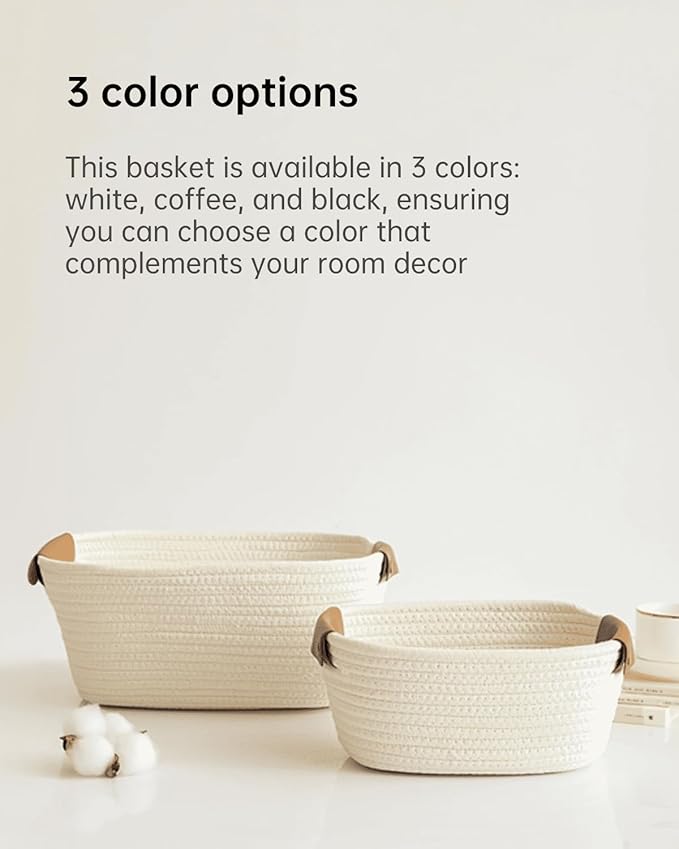 Medium Cotton Woven Basket with PU Leather Handle, Baby Kids Clothes Toys Candy Gifts Cotton Rope Organizer, Living Room Bathroom Shower Storage Laundry Basket, Dog Cat Bed, Cute Decor, White
