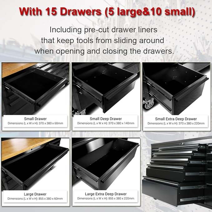 2 Pack - 72" Rolling Tool Chest with 15 Drawers + 3 Upper Cabinets, Matte Black Lockable Mobile Workbench, Assembled Large Tool Box with Wheels for Garage Workshop (2 × HTC7218PC)