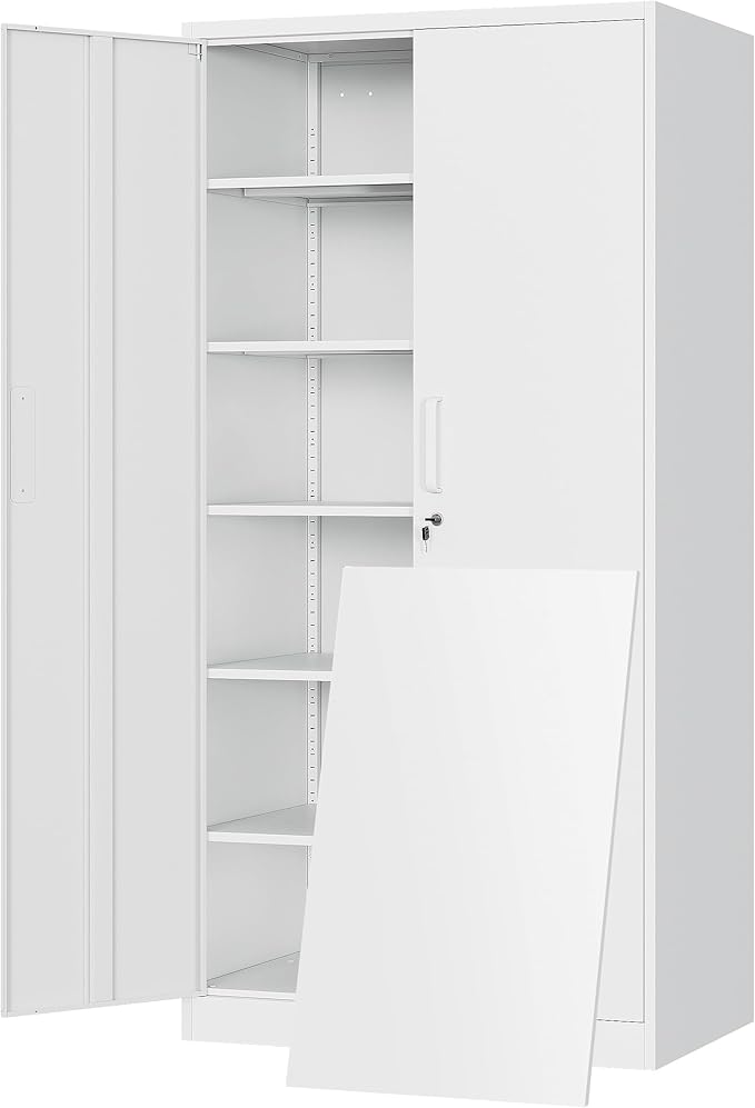 Yizosh Metal Storage Cabinet with Locking Doors and 5 Adjustable Shelves,- 72" Garage Storage White Steel Lockable File Cabinet for Office,Home,Garage