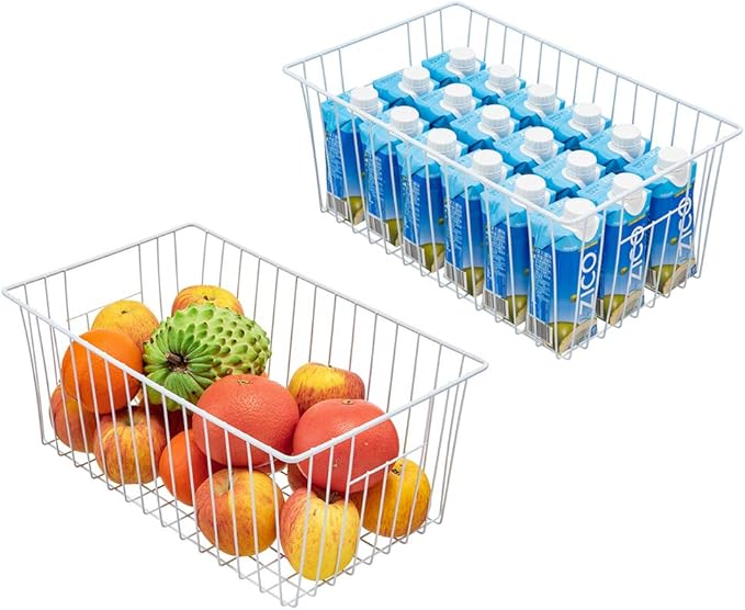 Freezer Baskets Organizer, Refrigerator Metal Wire Storage Divider, Household Container Bins with Handles for Kitchen, Pantry, Cabinet, Closets - Pearl White (6, 16in x 10in x 5.5in)