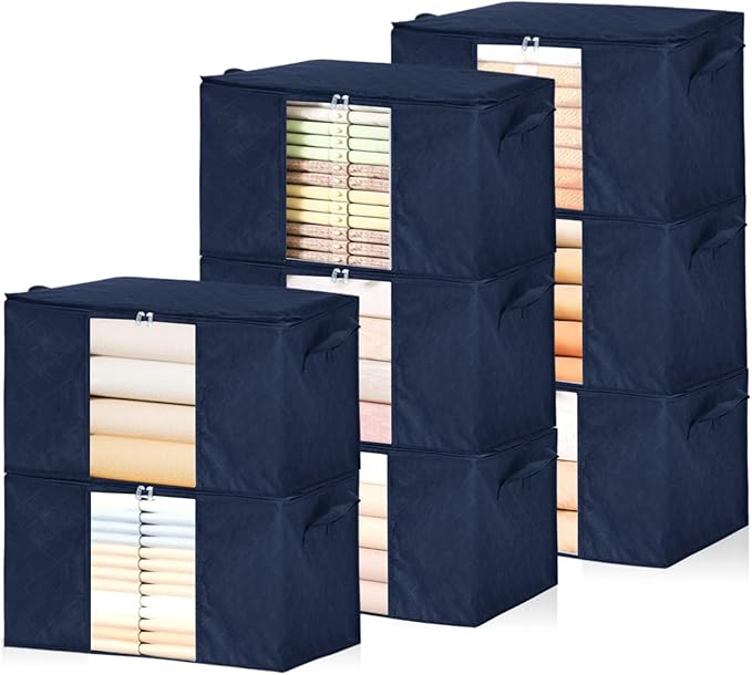 8 Pack Clothes Storage Bags - 60L Blanket Organizers and Storage for Closet Large Storage Bins with Lids and Zipper Storage Containers for King Comforter, Pillow and Sweater(Blue, 8 Pack)