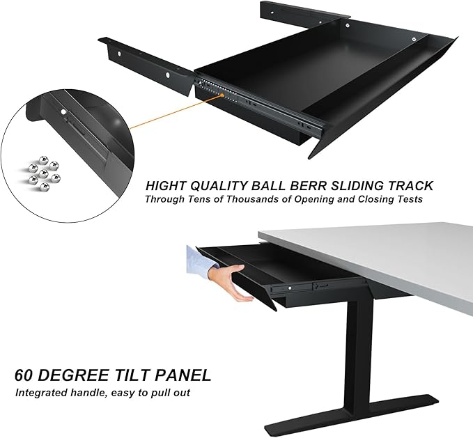 Large Under Desk Mounted Sliding Drawer with Pencil Tray and 60 Degree Tilt Panel to Pull Out, 26'' Long & 13'' deep Large Storage Organizer for Sit Stand Workstation