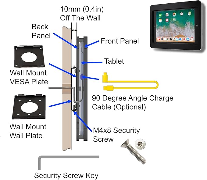 TABcare Anti-Theft Acrylic VESA Enclosure for Apple iPad Pro 13" 2024 M4 2025 M5 with Free Wall Mount Kit & 90-Degree Angle USB C Cable (Black)