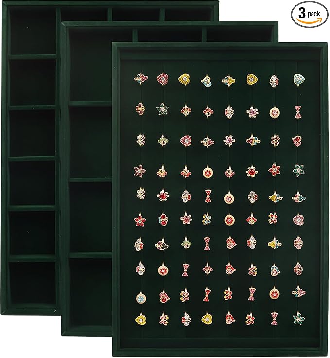 Rocutus Jewelry Trays,3 Pack Stackable Velvet Jewelry Organizer Tray Drawer Jewelry Storage Tray,Divided Ring Organizer Tray for Earrings, Necklaces, Bracelets,13.8"x9.5"x1.2" (Dark Green)