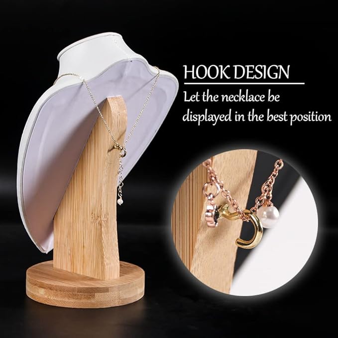 Coward PU Leather Necklace Display Stand Bamboo Chain Jewelry Holder Model Bust(white pu, 9.2")