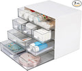 Desk Craft Organizer and Storage with 7 Flat Drawers, Stackable Plastic Desktop Accessories & Workspace Organizer for Office Stationary, Makeup Skincare, Sanitation Supplies, White