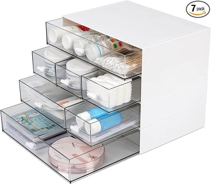 Desk Craft Organizer and Storage with 7 Flat Drawers, Stackable Plastic Desktop Accessories & Workspace Organizer for Office Stationary, Makeup Skincare, Sanitation Supplies, White