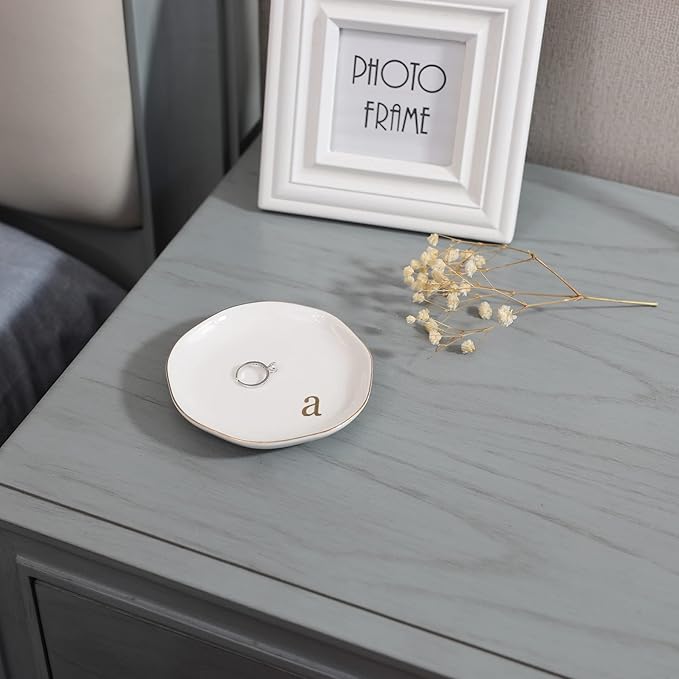 HOME SMILE Initials Ring Dish Jewery Tray with Personalized A-Monogrammed Engagement Wedding Gifts for Friends,Sister,Birthday Christmas Gifts for Women,Ceramic White