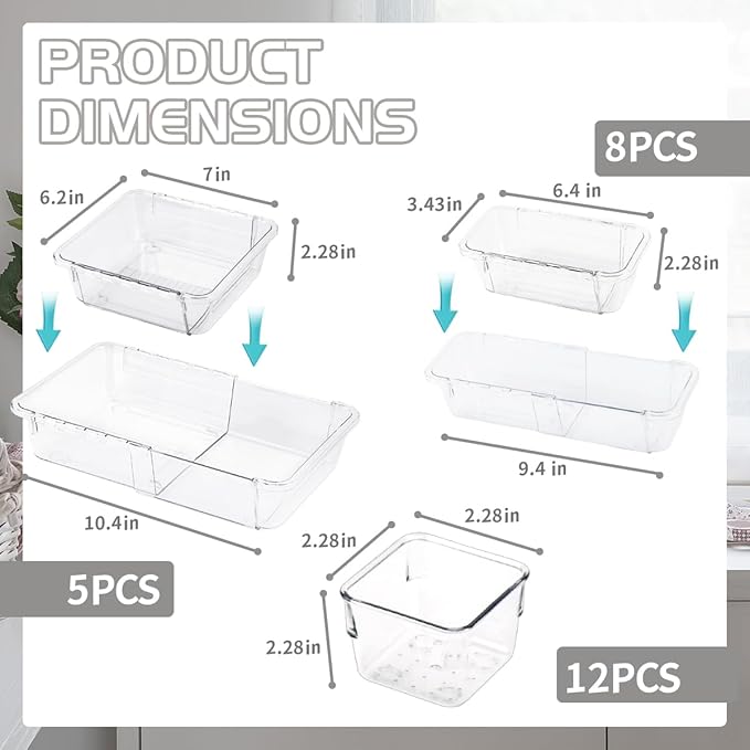 25 PCS Adjustable Desk Drawer Organizer, Acrylic Clear Drawer Organizers, 3 Size Desk Drawer Organizer for Cosmetics, Jewellery, Office, Gadgets, Kitchenware