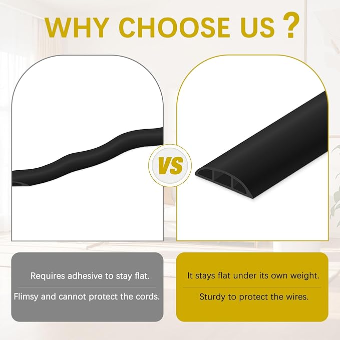 Floor Cord Cover 10FT Cord Covers for Wires on Floor Protect Wires & Prevent Trip Hazards, Easy to Cut for Home, Office, School, Concerts, Cavity W0.6in x H0.32in