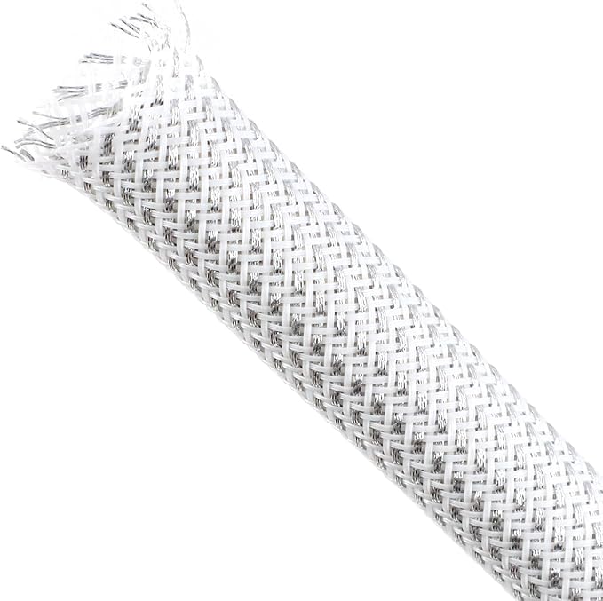 Braided Cable Sleeving, PET Expandable Braided Cable Sleeve, Flexible Mesh Sleeving Cord Management for Audio Video and Other Home Device, Cord Protector from Pets (White Silver, 1" x 25ft)