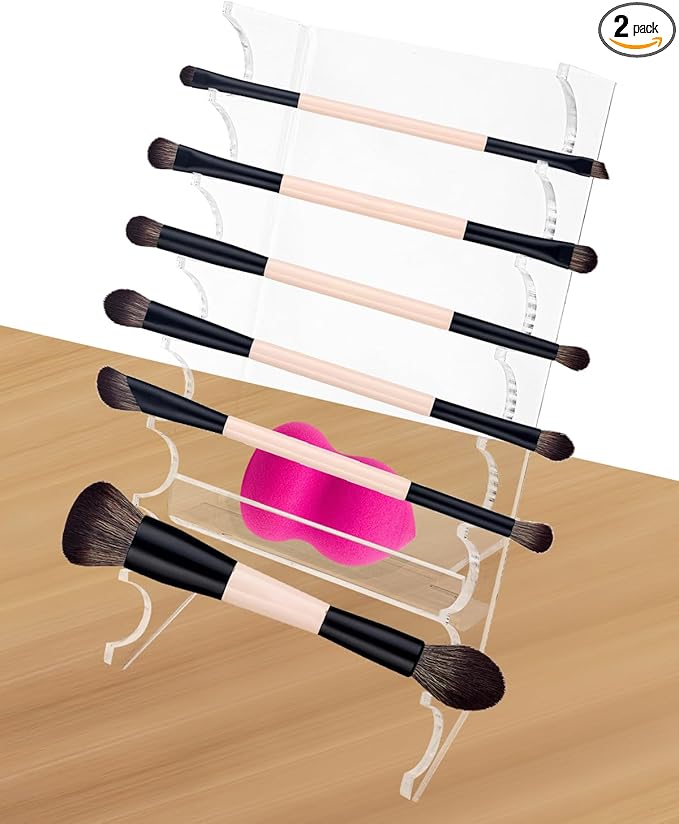 2 Pcs Acrylic Makeup Brush Holder, 16 Tier Unique Clear Paint Brush Drying Rack Hair Brush Holder for Women, Acrylic Pen Holder Display Stand for Home School Office or Store Use