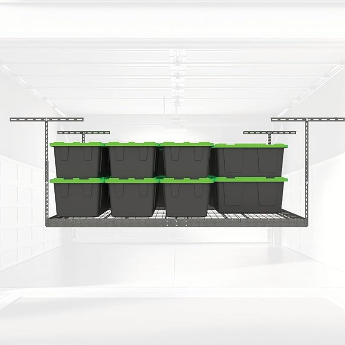 MonsterRax Overhead Garage Storage Racks 3x8’ Ceiling Mounted Shelving, Adjustable Hanging Organizer, Heavy Duty Steel, Holds 500 Pounds, Color: White, Adjustable from 24"-45" off the Ceiling