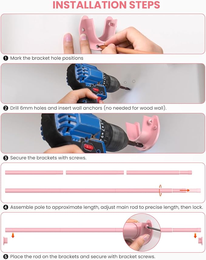 Closet Rods for Hanging Clothes, 17 to 39 Inches Stepless Adjustable Metal Closet Rod, 1.3 Inches Heavy Duty Clothes Hanging Rod for Closet Wardrobes Laundry RV, Pink