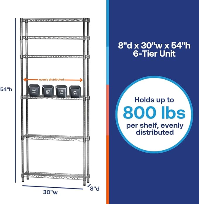 Shelving Inc. 8" d x 30" w x 54" h Chrome Wire Shelving with 6 Tier Shelves, Weight Capacity 800lbs Per Shelf