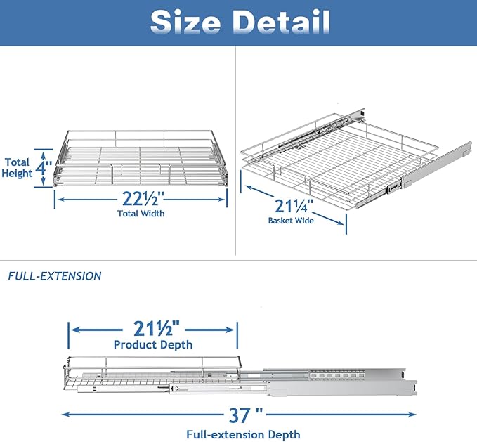 Pull Out Cabinet Organizer 22½" W x 21½" D, Heavy Duty Cabinet Pull Out Shelves, Slide Out Drawers Organization for Kitchen Cabinets Bathroom