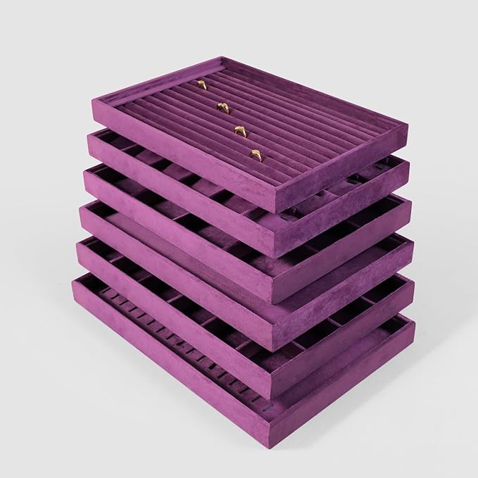 Velvet Stackable Jewelry Display Flat Tray For Ring Earring Necklace Bracelet, Bangle Pendant Storage Blank Plate, Shop Countertop Jewelry Dish Organizer (Purple)