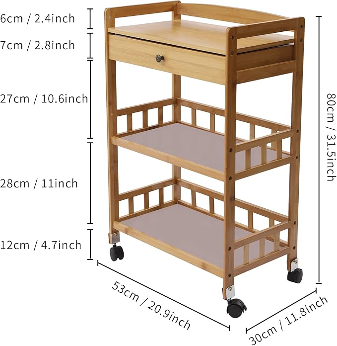 3 Tier Bamboo Storage Cart - Rolling Cart Removable Wood Trolley wit, Utility Cart Multi-Layer Storage Shelf Rack Bamboo Wine Rack with Wheels for Bar Dining Room Office Kitchen Kids' Room