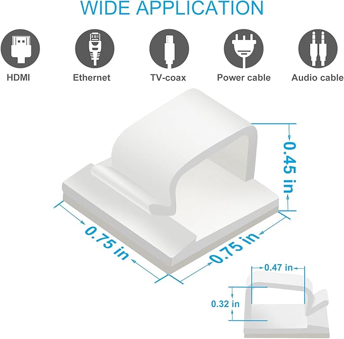 Adhesive Cable Clips White (Large, 45 PCS), Upgraded Wire Clips for Electric Wires, Cord Holders Management Under Desk, Car, Extension Cord, Ethernet Cable, LED Lights