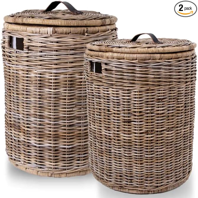 The Basket Lady Round Wicker Hamper | Wicker Laundry Hamper Nested Set of 2 Serene Grey…