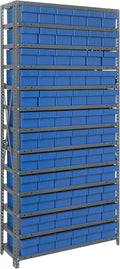 Quantum 1875-602BL Heavy Duty Shelving Unit with (13) Shelves and (72) QED602 Blue Bins for Industrial Warehouse Storage Distribution | 400 lbs Capacity | 18"D x 36"L x 75"H, Galvanized Carbon Steel