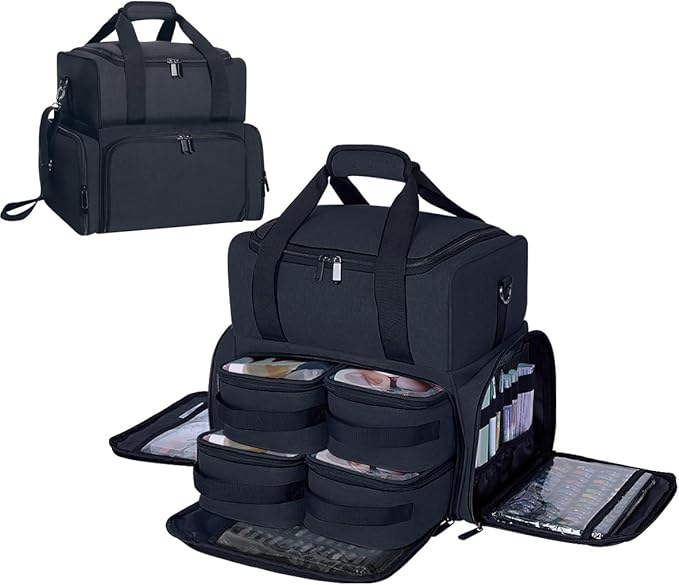 Large Cosmetic Bag with 4 Removable Case and 2 Removable Dividers Double Layer Travel Storage Organizer, Makeup Brushes Storage Section Black
