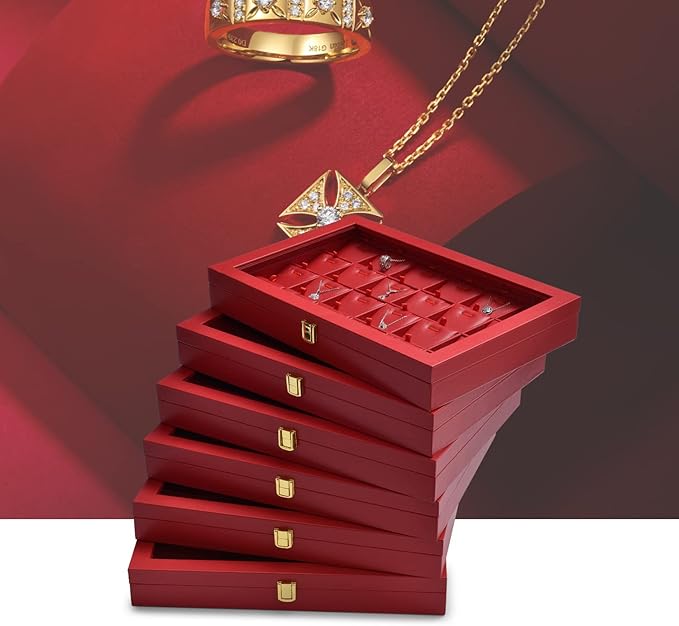 Oirlv 12 Gird Jewelry Tray with Acrylic Lid Premium Leather Jewelry Organizer Box Transparent Lid Bracelet Bangle Storage Case for Women Gift