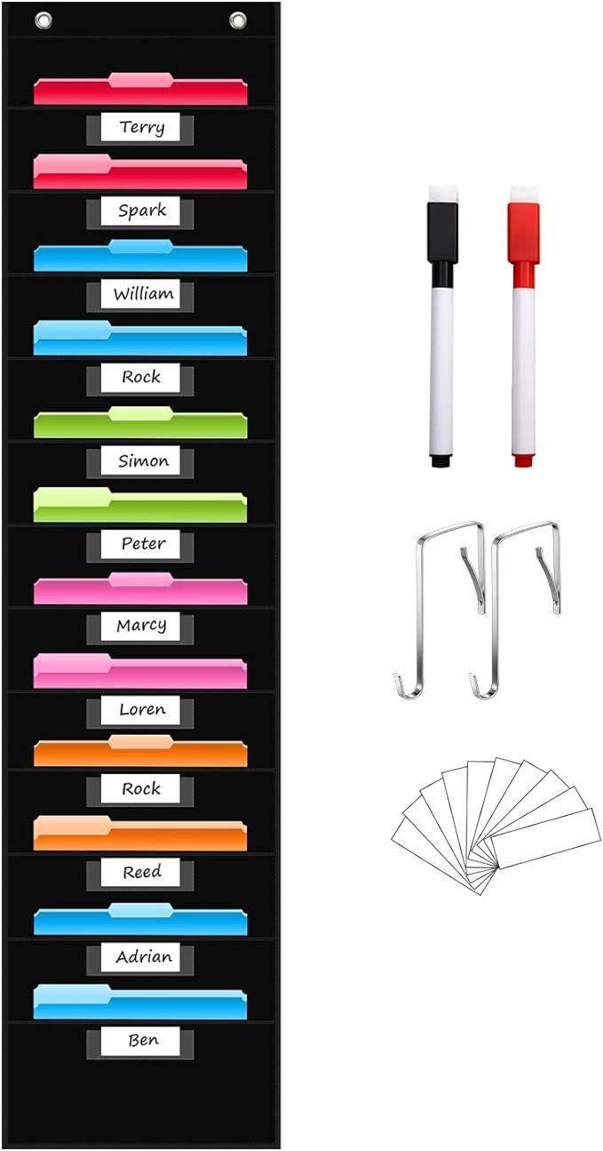 REGELETO 12 Pockets File Storage Pocket Chart with 12 Nametag Pockets,Hanging Wall File Organizer for Classroom and Office, Organize Your Assignments, Files, Scrapbooks, Paper (Black)