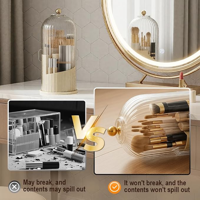 Covered 360° Rotating Makeup Brush Holder, Makeup Organizers with Lid, Clear Cover Brush Holder with Transparent Door Lid for Desktop, No Dust Toothbrush Holders for Vanity and Bath (Clear white)