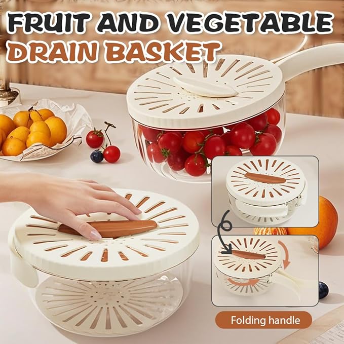 Multi-Functional Fruit and Vegetable Washing Bowl, Fruit Strainer Container with Lid, 2 In 1 Sealed Drainer Basket, Drainer and Freshness Basket, Kitchen Tool with Foldable Handle (Brown+White)