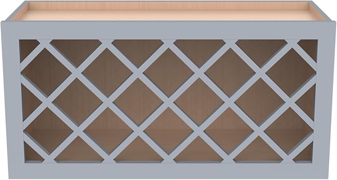 Solid Wood RTA Wine Bottle Rack Wall Cabinet with Lattice Panels Wine Holder Wine Storage Cabinet for Bar, Pantry, Wine Cellar Basement Countertop Mocha (Gray, 36”W × 12”D × 15”H), Sk-grey