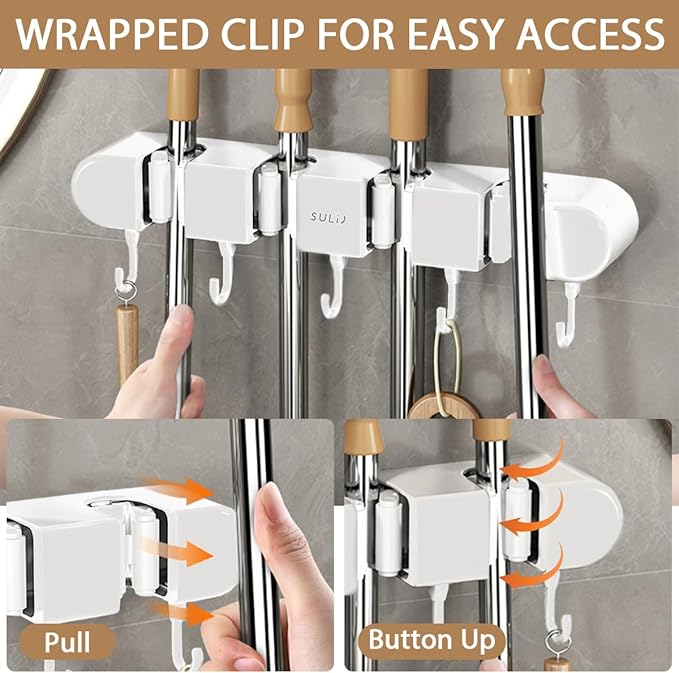 3PCS Broom Holder Wall Mount, No-Drilling Self-Adhesive Mop and Broom Storage Rack (4 Racks with 5 Hooks),Wall-Mounted Broom Hanger for Bathroom, Kitchen, Closet, Garage, White