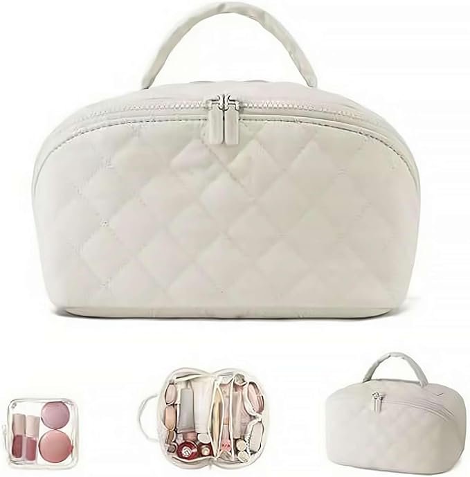 2026 Travel Makeup Bag for Women – 180° Lay-Flat Puffy Cosmetic Organizer with 5 Compartments, Water-Resistant & Machine Washable Makeup Case,Puffy Padded Organizer for Toiletries,Ideal Gifts for Her